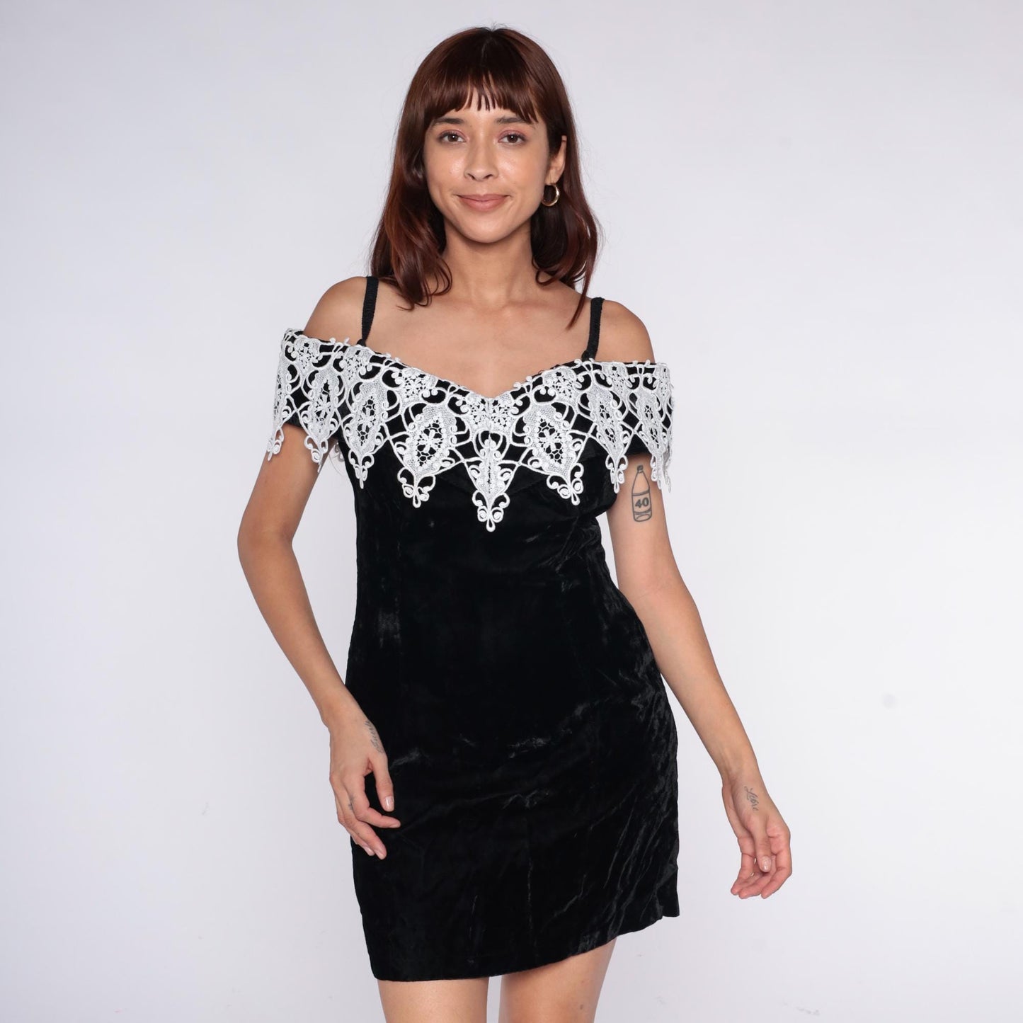 90s Black Velvet Mini Dress Off-Shoulder White Lace Trim Spaghetti Strap Medium M