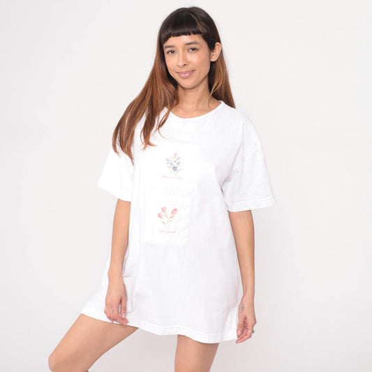 90s Hot Cotton Floral Embroidered White T-shirt V-Neck Medium M