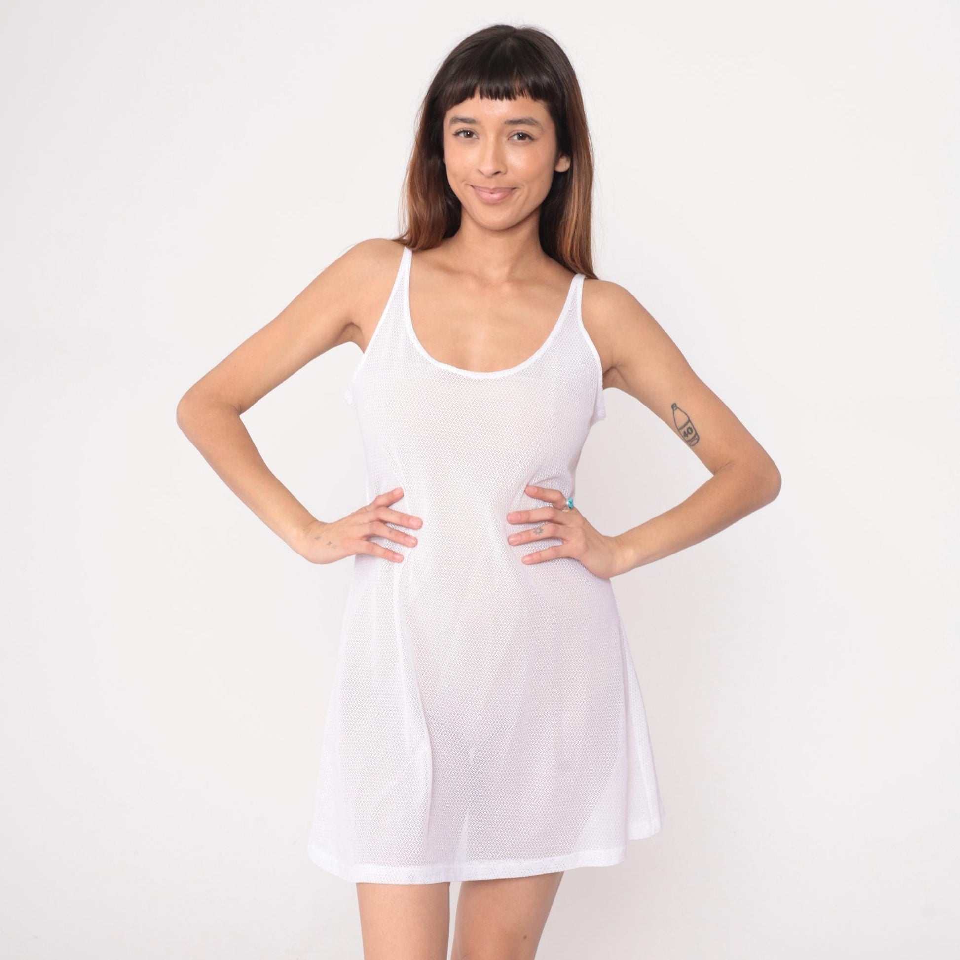 90s White Mesh Mini Dress Tank Sleeveless Scoop Neckline Medium M
