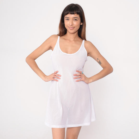 90s White Mesh Mini Dress Tank Sleeveless Scoop Neckline Medium M