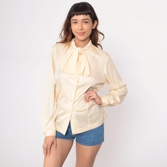 80s Perception Cream Pussy Bow Blouse Long Sleeve Button-Up Medium M