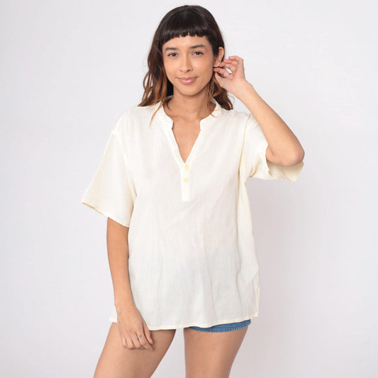 80s Cream Henley Short Sleeve V-Neck Top Cotton Blend Large L
