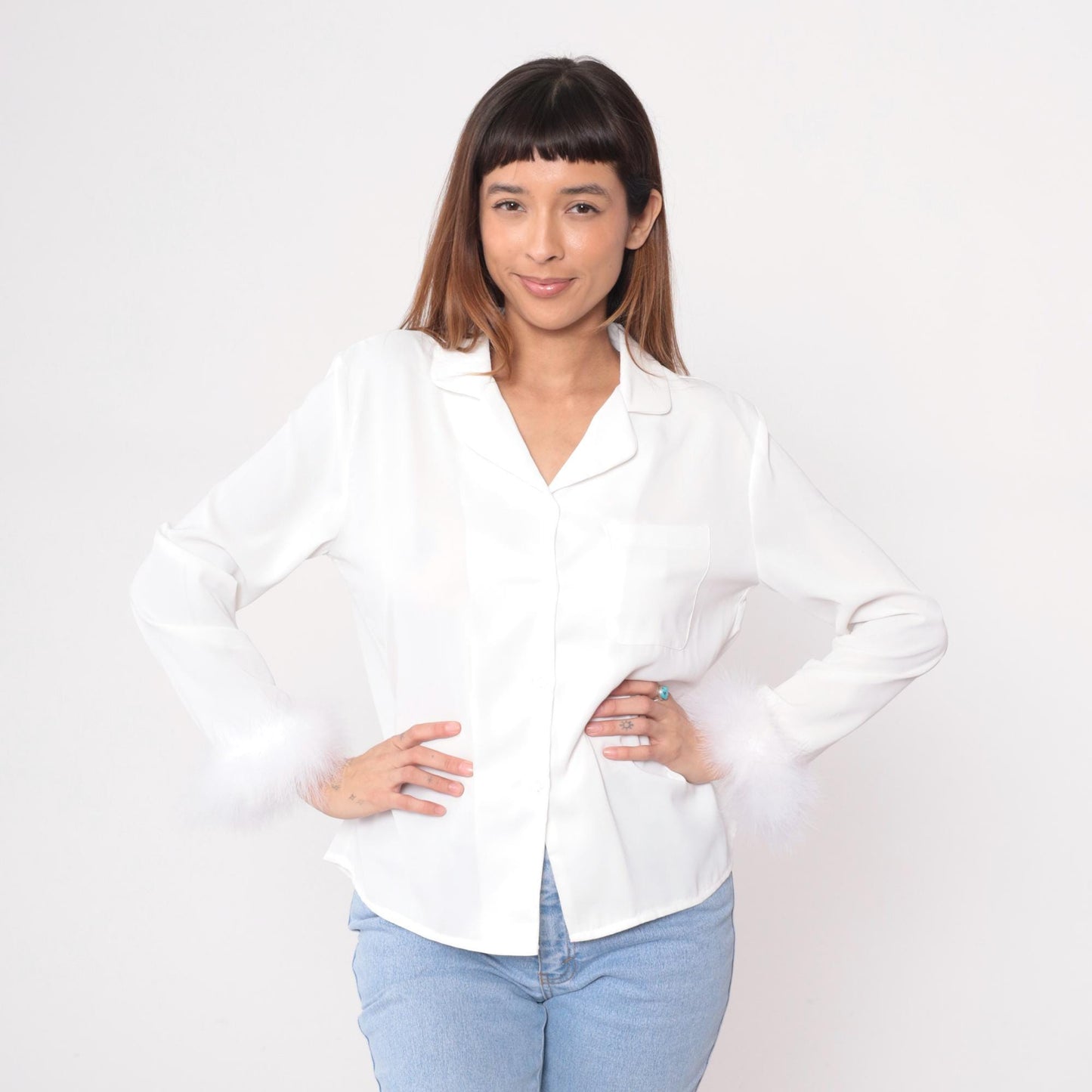 90s White Feather Trim Blouse Notched Collar Button-Up Long Sleeve Medium