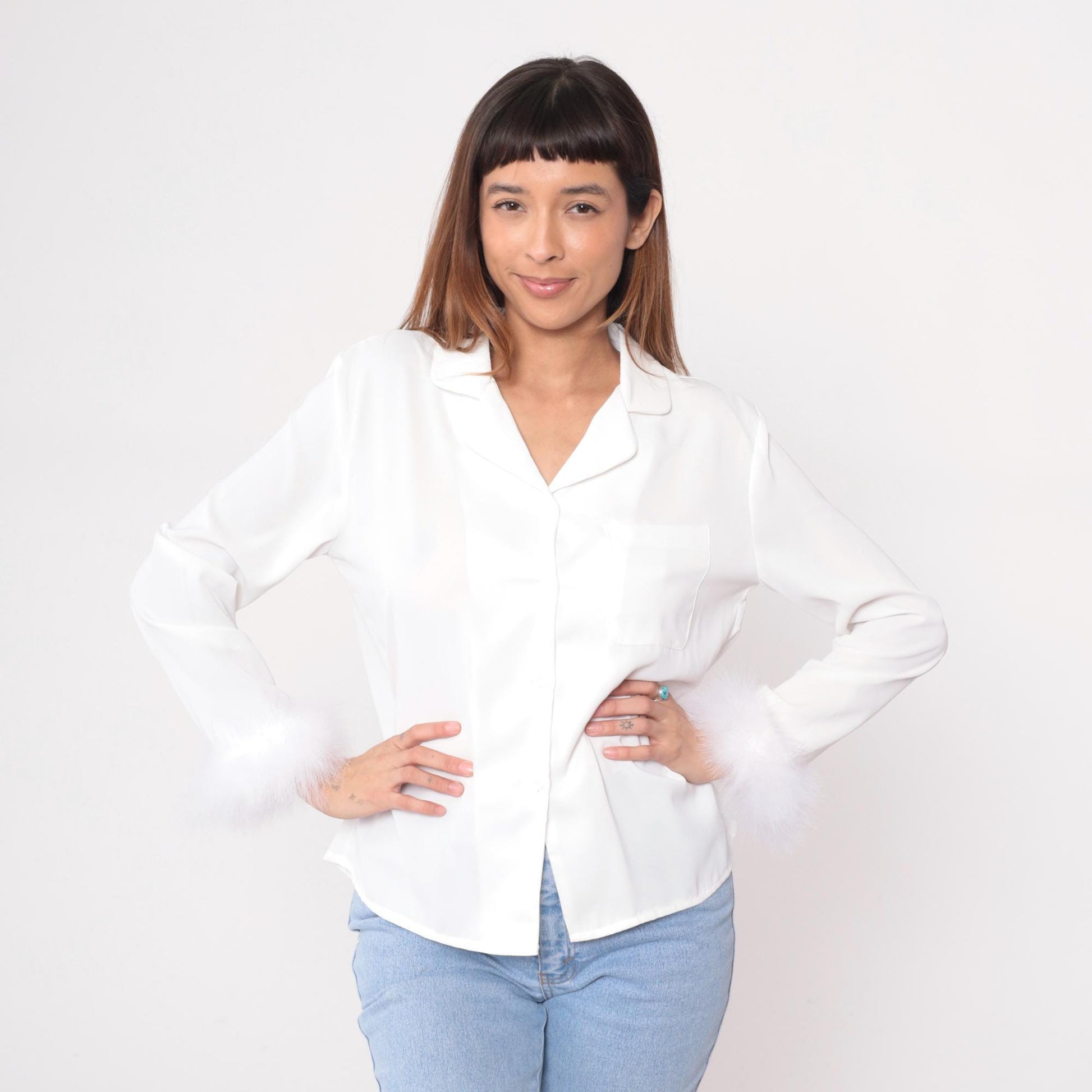 90s White Feather Trim Blouse Notched Collar Button-Up Long Sleeve Medium