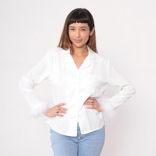 90s White Feather Trim Blouse Notched Collar Button-Up Long Sleeve Medium