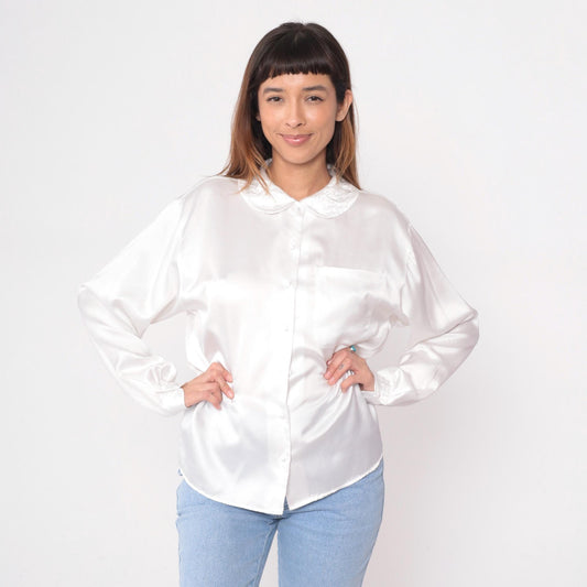90s Charlotte van Horne White Peter Pan Collar Blouse Long Sleeve Large L