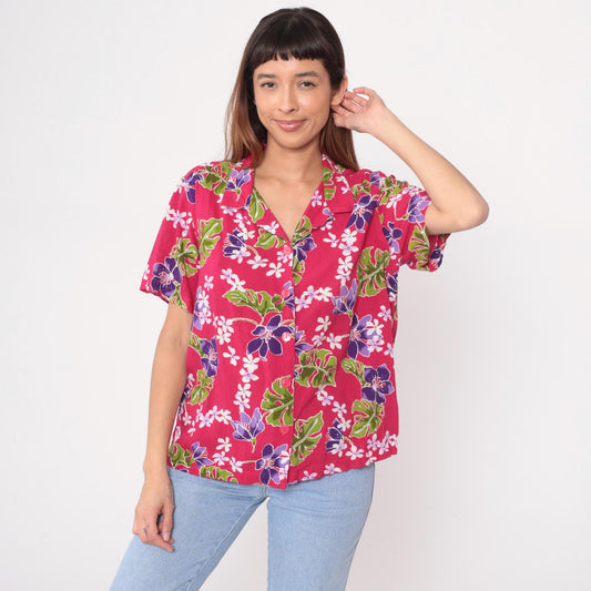 90s Basic Editions Hawaiian Shirt Fuchsia Floral Tropical Blouse Extra Large XL
