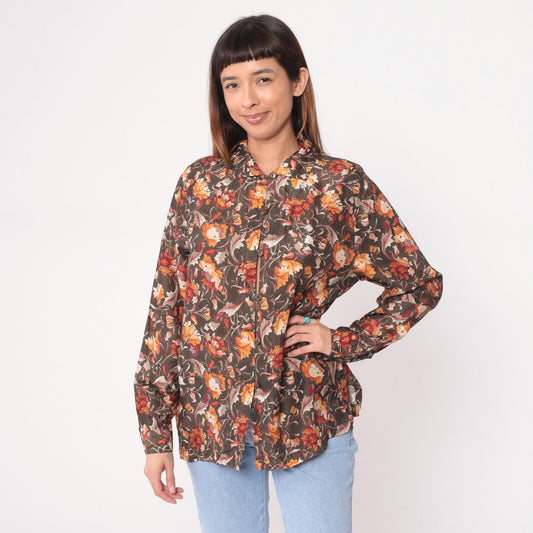 90s Silk Floral Button-Up Blouse Brown Orange Rust Cream Medium M