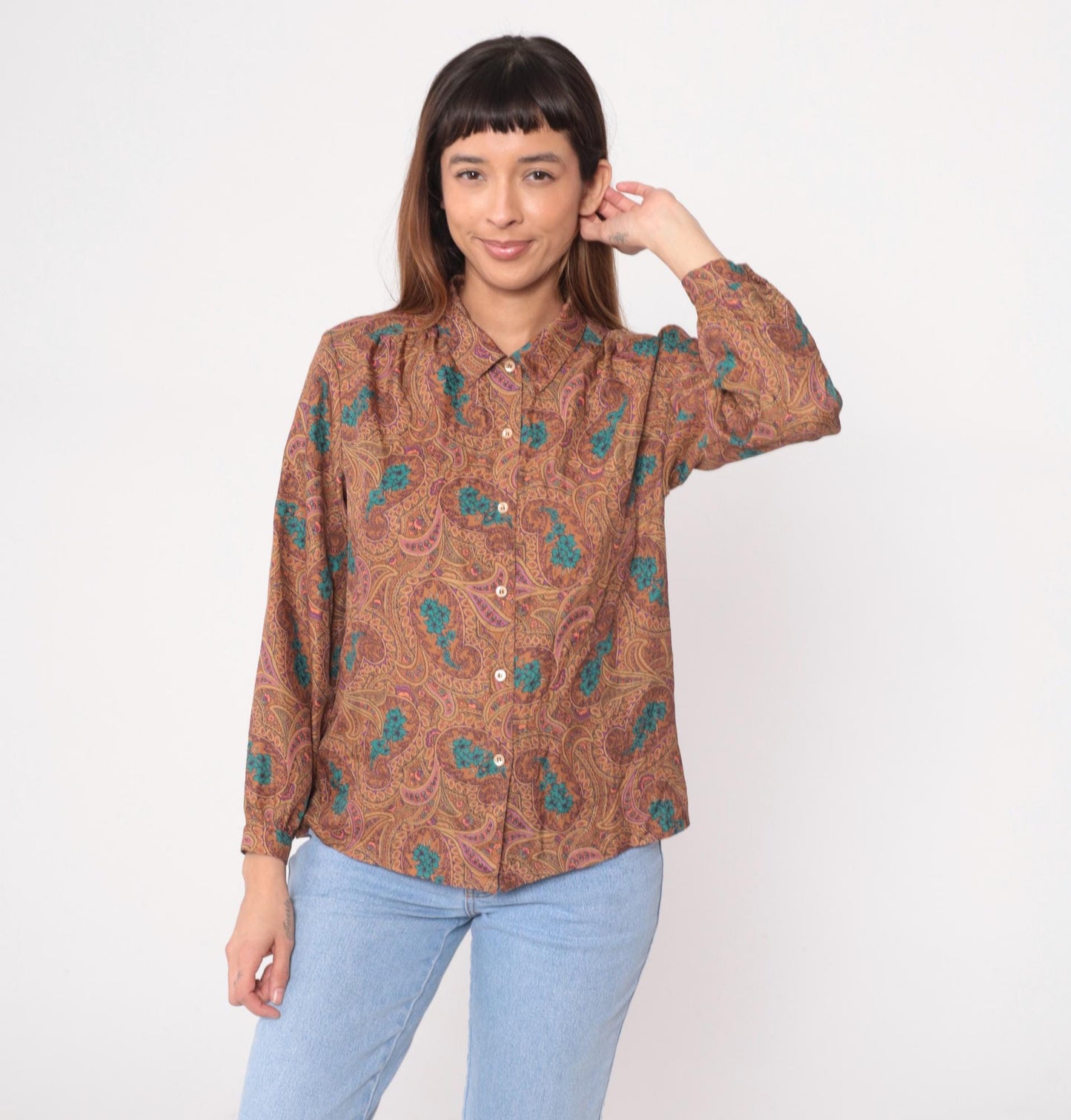 70s Paisley Button-Front Blouse Brown Turquoise Floral Long Sleeve Medium