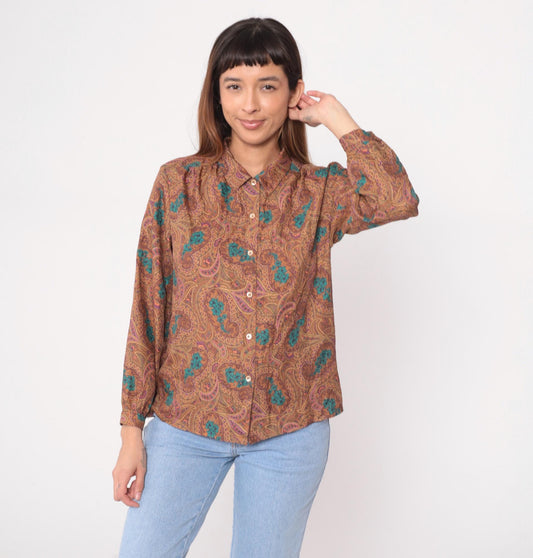 70s Paisley Button-Front Blouse Brown Turquoise Floral Long Sleeve Medium