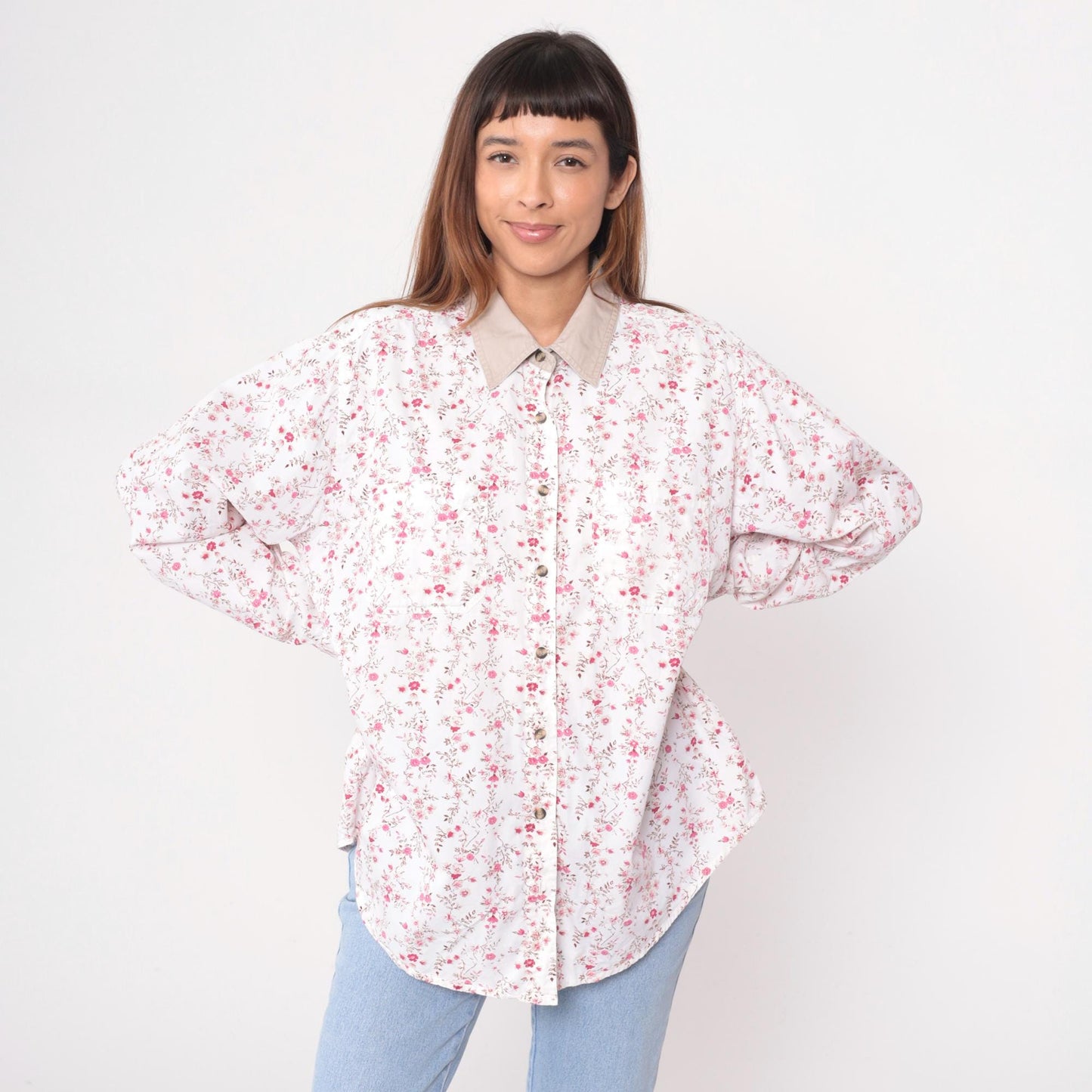 Y2K Cabin Creek Floral Button-Up Blouse White Pink Tan Collar Plus Size XXL