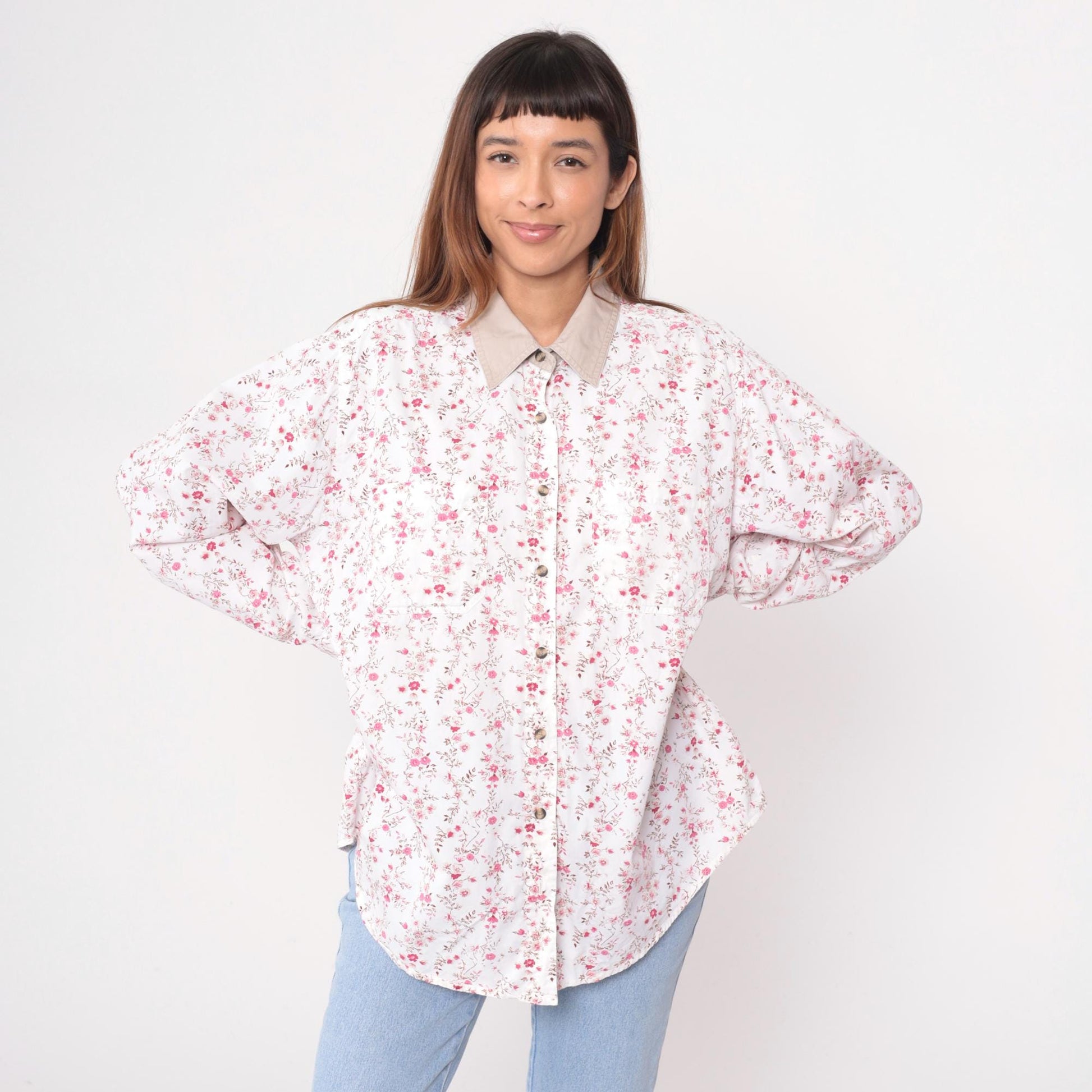 Y2K Cabin Creek Floral Button-Up Blouse White Pink Tan Collar Plus Size XXL