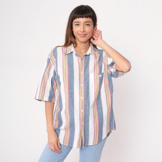 90s Dockers Striped Cotton Button-Up Shirt Blue White Pink Medium M