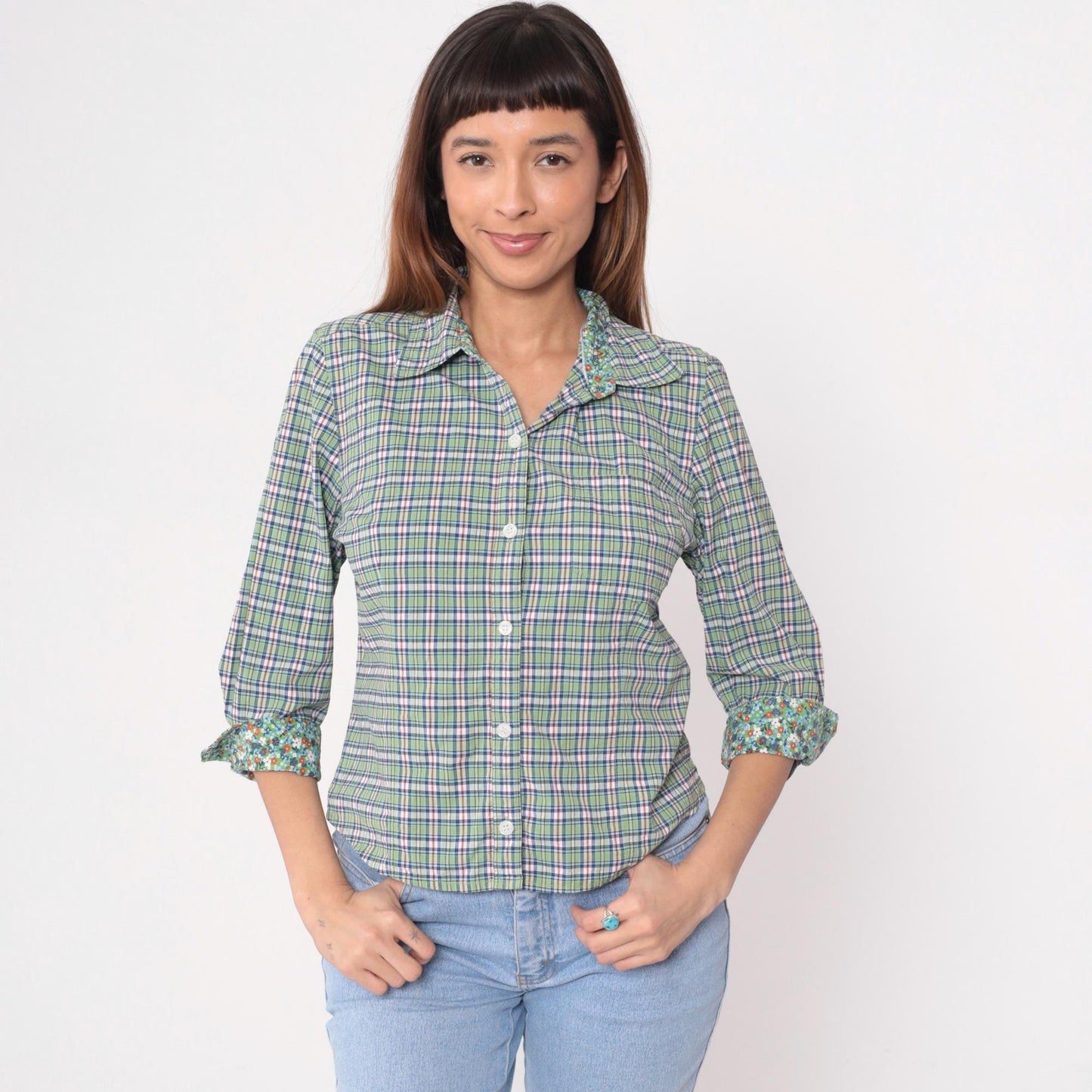 Y2K Talbots Plaid Button-Up Shirt Green Blue Floral Cuff Medium