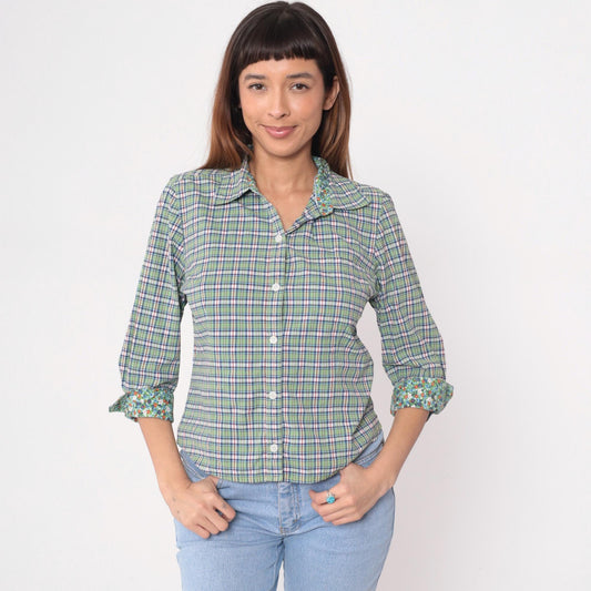 Y2K Talbots Plaid Button-Up Shirt Green Blue Floral Cuff Medium
