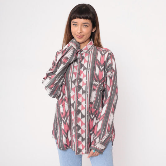 90s Laura Kiran Southwestern Ikat Button Shirt Pink Grey Cotton Extra Large XL