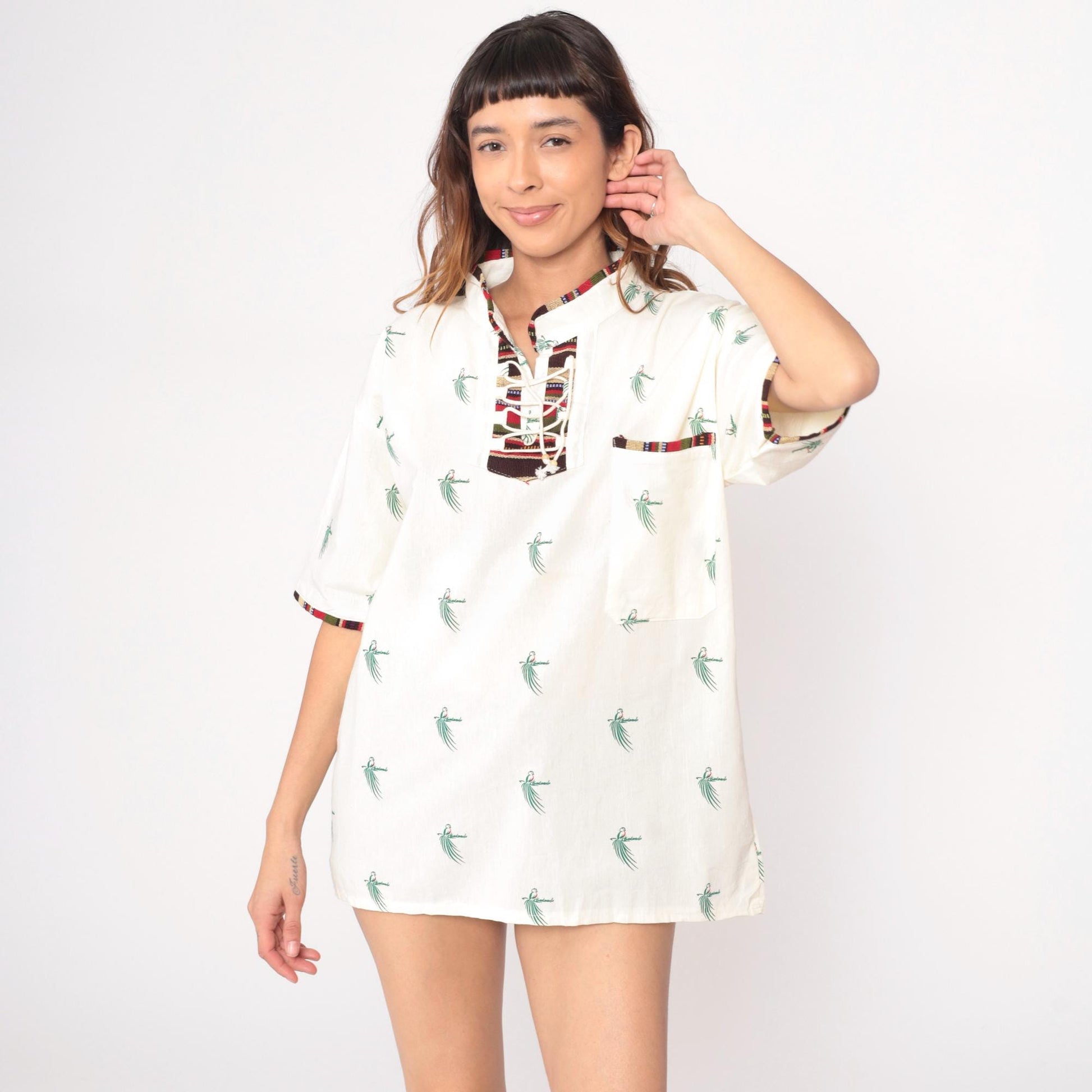 Y2K Guatemala Quetzal Bird Print Lace-Up Tunic Cream Cotton Short Sleeve Large L