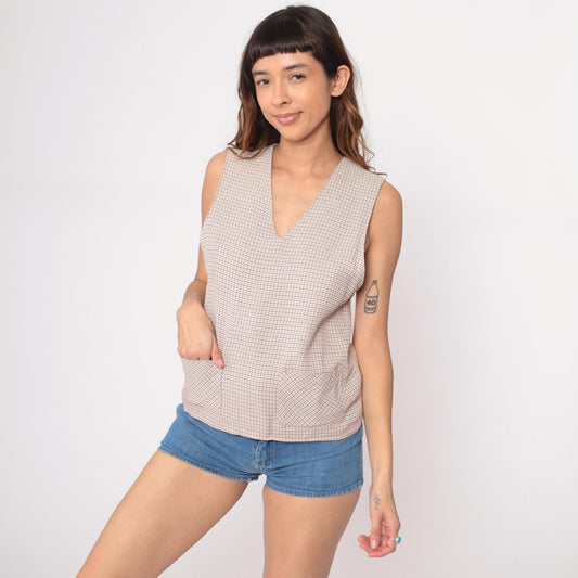 70s Campus Sportswear Cream Ribbed Knit Vest Houndstooth Trim Small