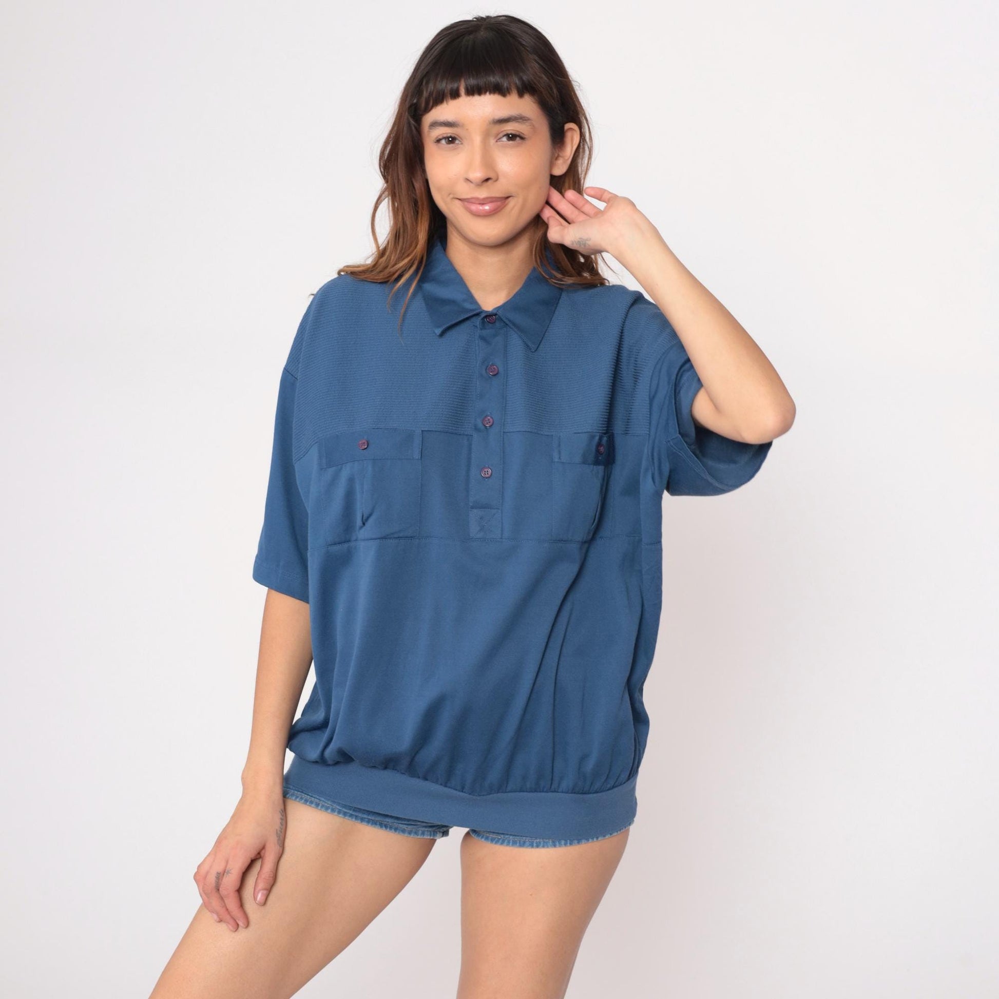 80s Navy Polo Shirt Cotton Blend Waffle Knit Chest Pockets Short Sleeve Large L