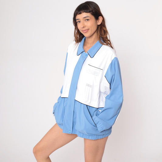 90s Alfred Dunner Color Block Windbreaker Blue White Geometric Jacket Large