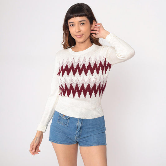 80s Cream Sweater Burgundy Mauve Diamond Geometric Crew Neck Small S