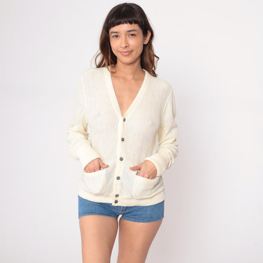 80s Cream Cardigan Button Front V-Neck Patch Pockets Knit Medium