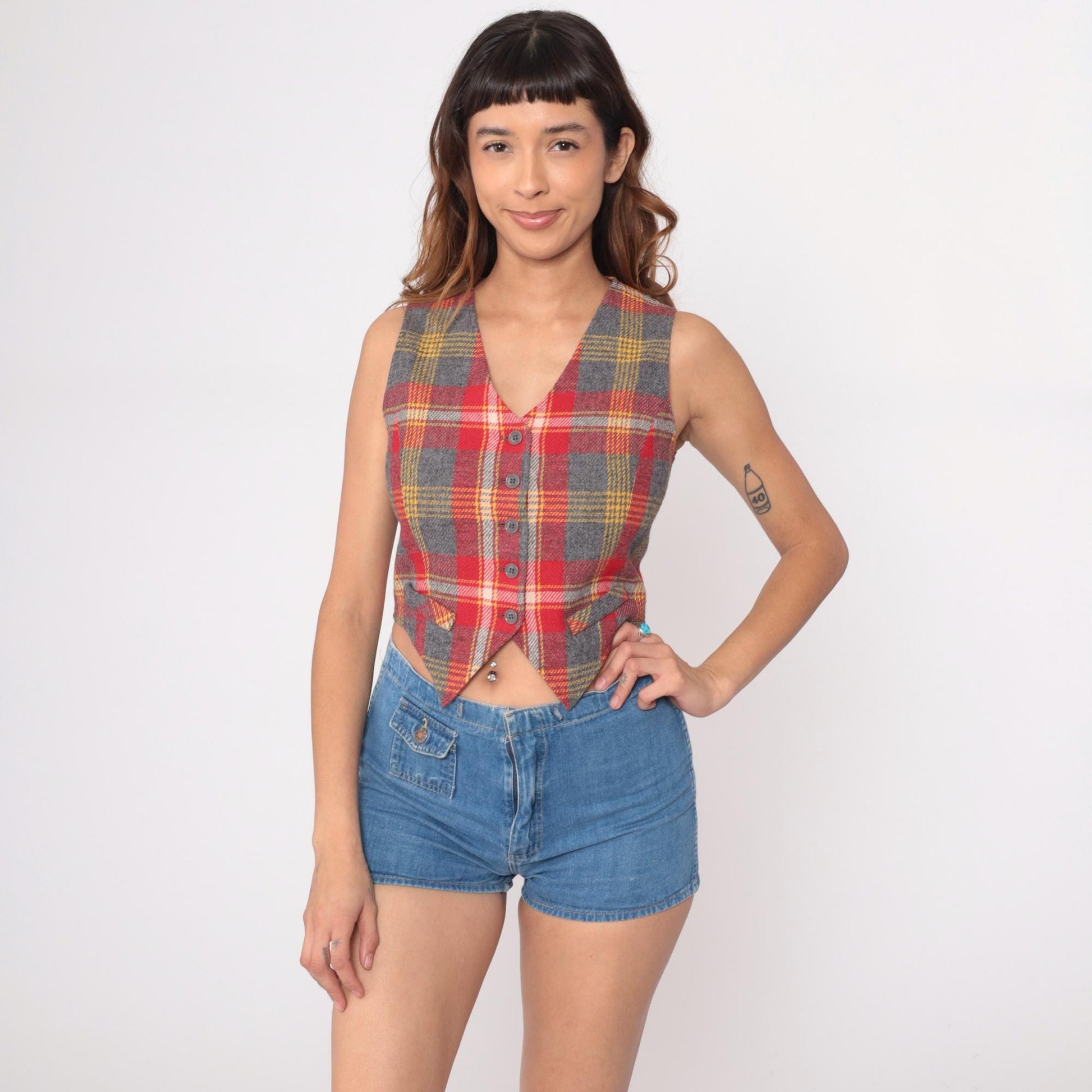 70s Bobbie Brooks Plaid Wool Vest Red Grey Gold V-Neck Extra Small XS
