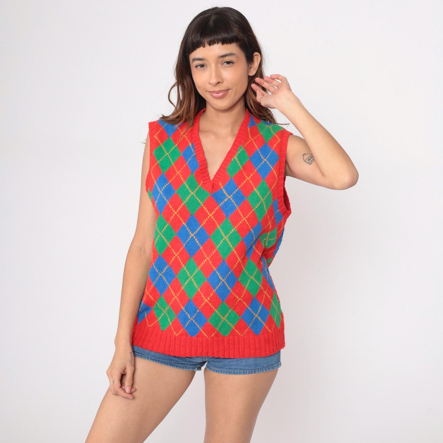 80s Adrie Matheson Hand Knit Argyle Vest V-Neck Multicolor Diamond Medium