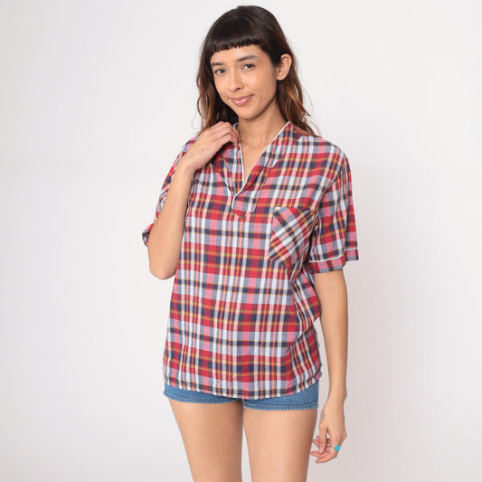 80s Sears Plaid Button-Down Shirt Red White Blue Cotton Small