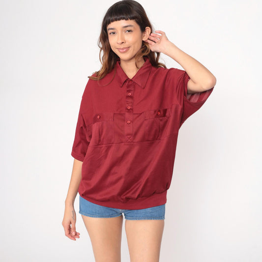 80s Burgundy Polo Shirt Classics by Palmland Button Front Cotton Extra Large XL