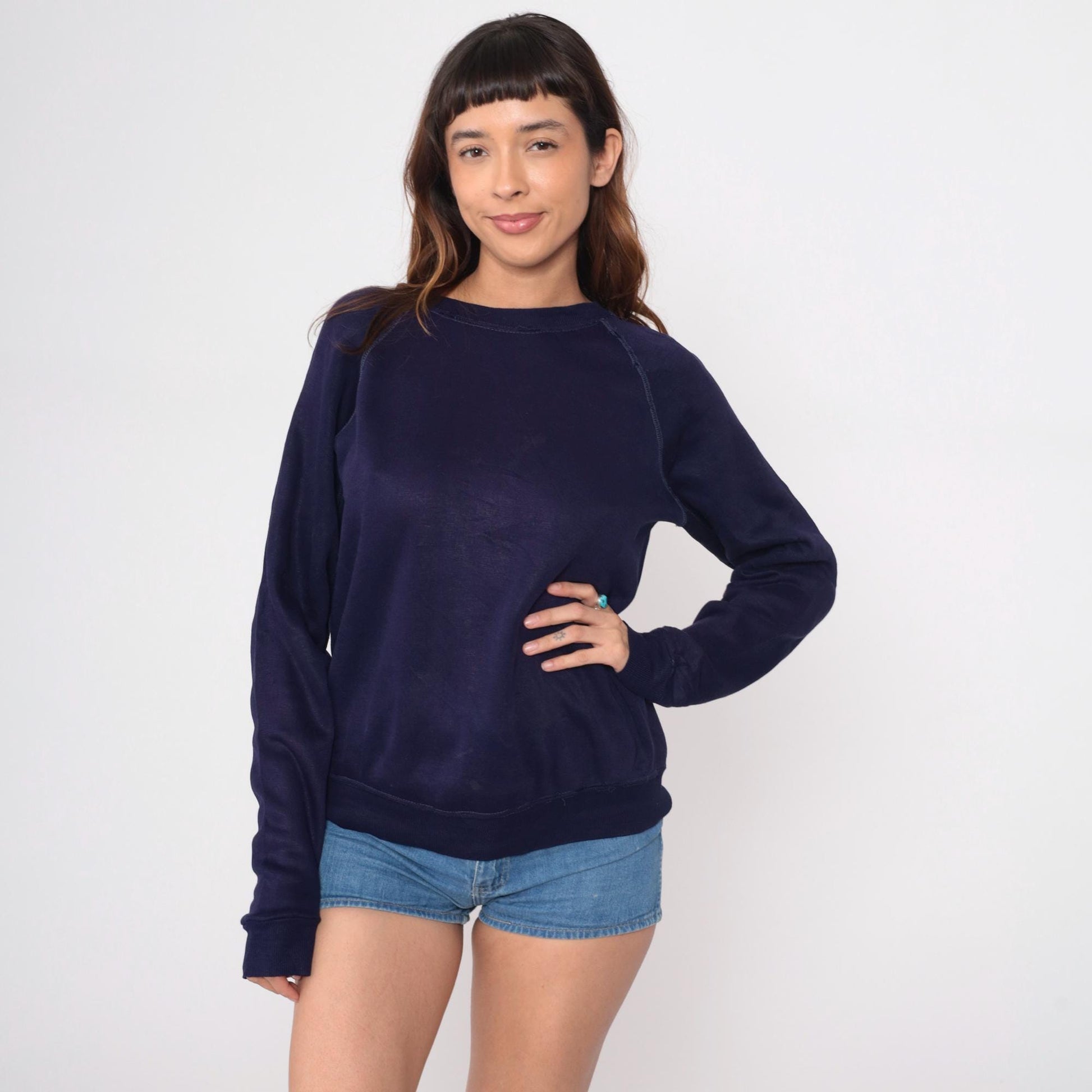 80s Navy Blue Raglan Sweatshirt Crewneck Contrast Topstitching Medium M