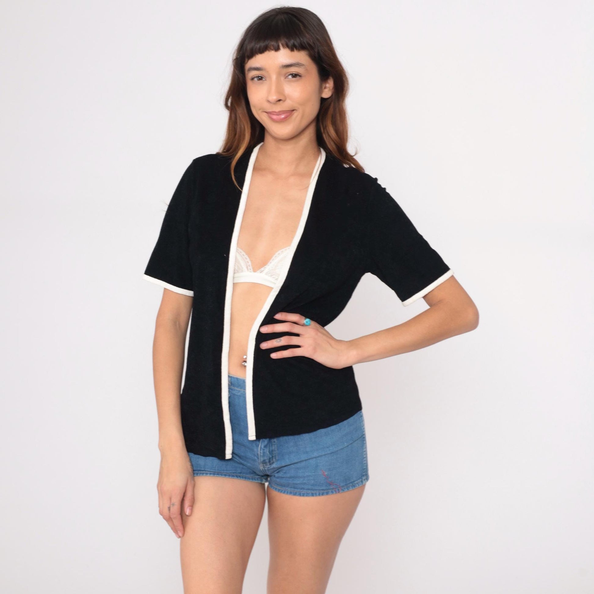 70s St Michael Black Shirt White Contrast Trim Short Sleeve Small