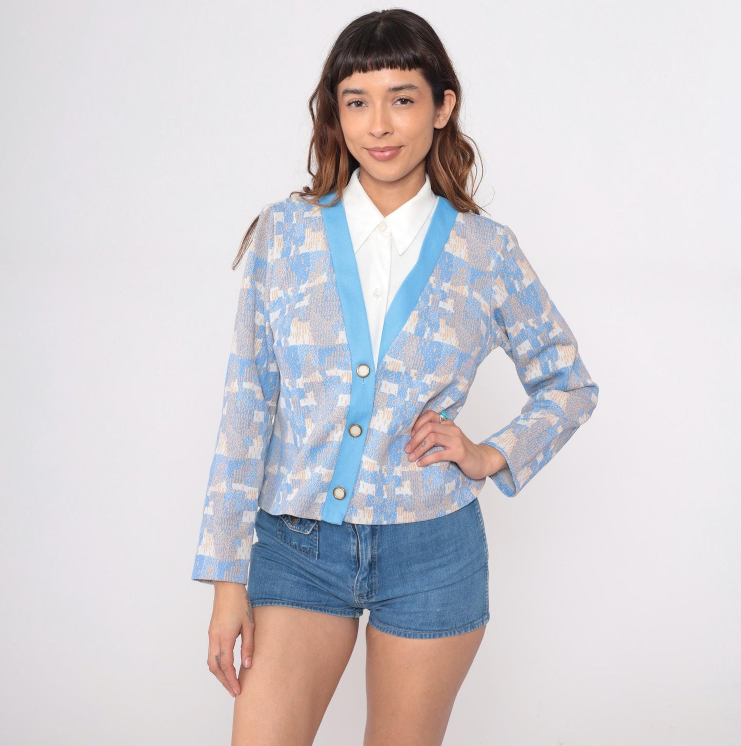 70s Geometric Pixelated Blazer Blue Cream Tan Notched Collar Cropped Medium