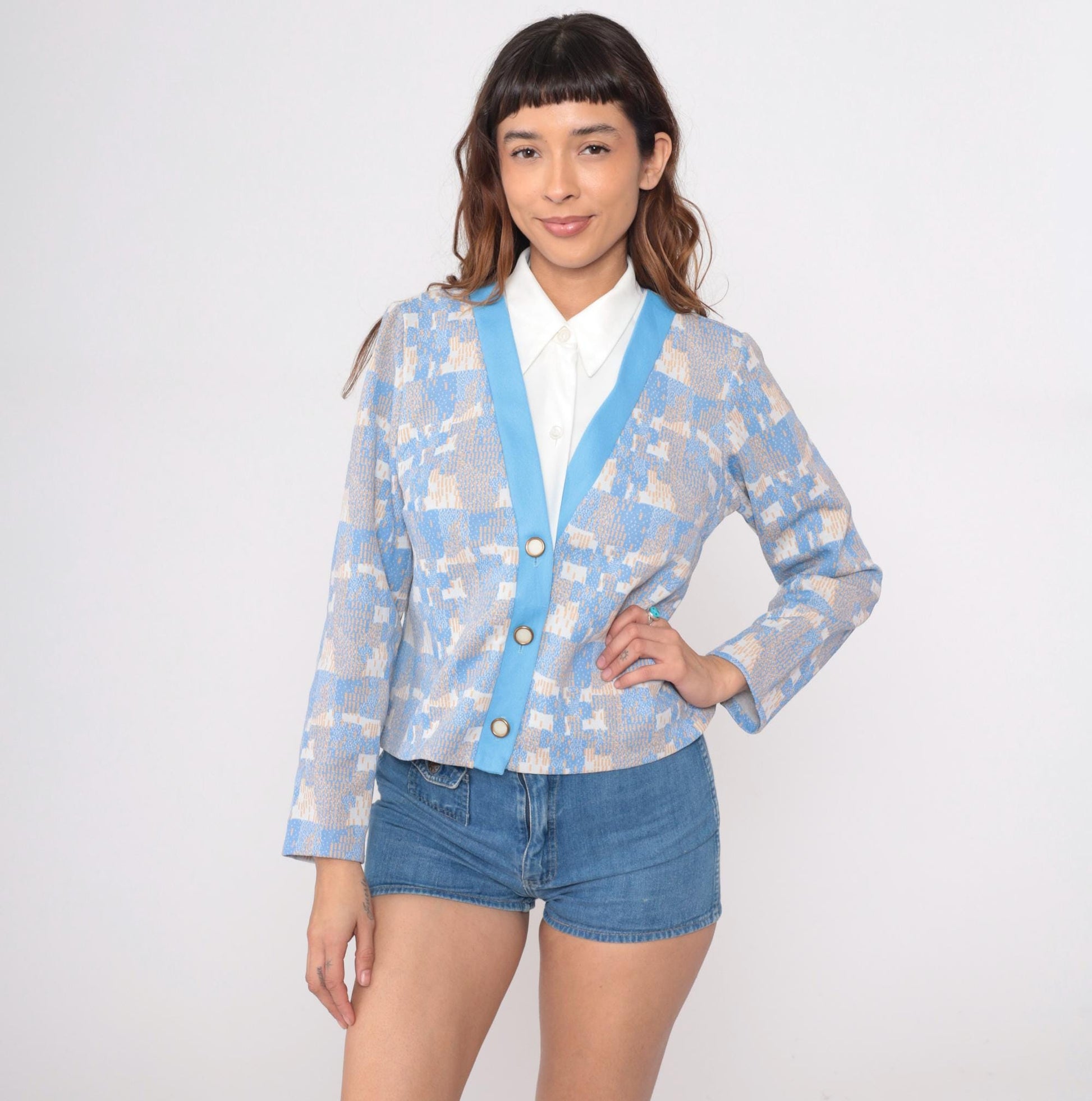 70s Geometric Pixelated Blazer Blue Cream Tan Notched Collar Cropped Medium