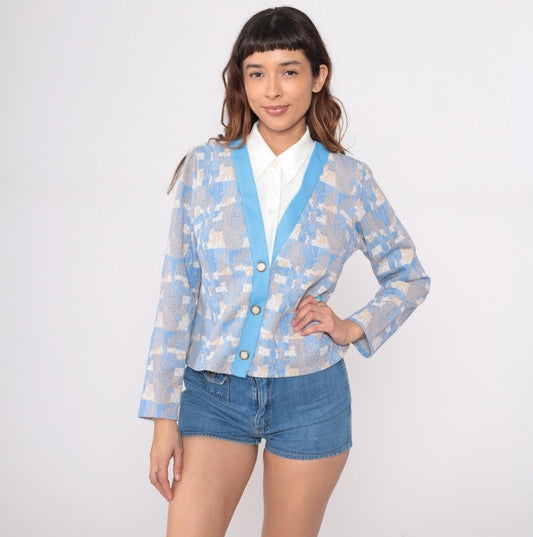 70s Geometric Pixelated Blazer Blue Cream Tan Notched Collar Cropped Medium
