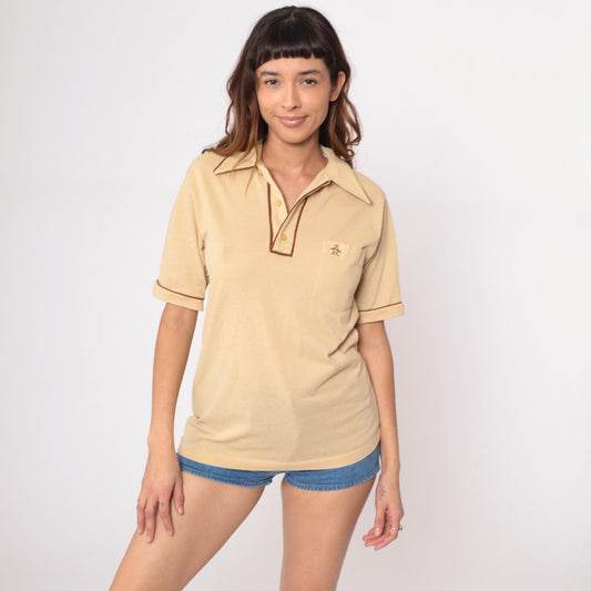 80s Grand Slam Munsingwear Polo Shirt Pale Yellow Brown Piping Medium
