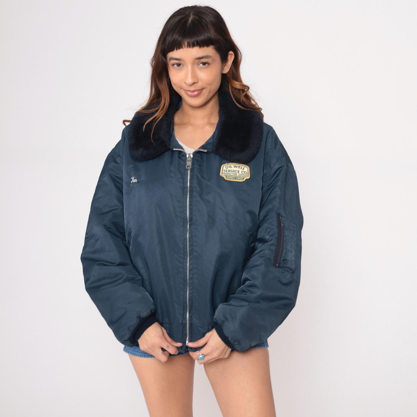 80s Navy Bomber Jacket Oil Well Service Embroidered Ken Patch XXL