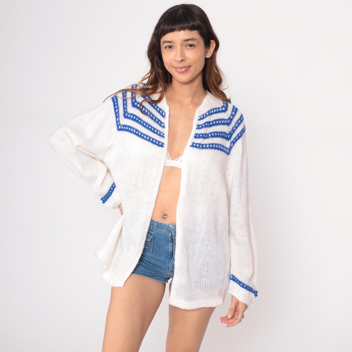 70s White Knit Cardigan Blue Striped Trim V-Neck Long Sleeve Medium