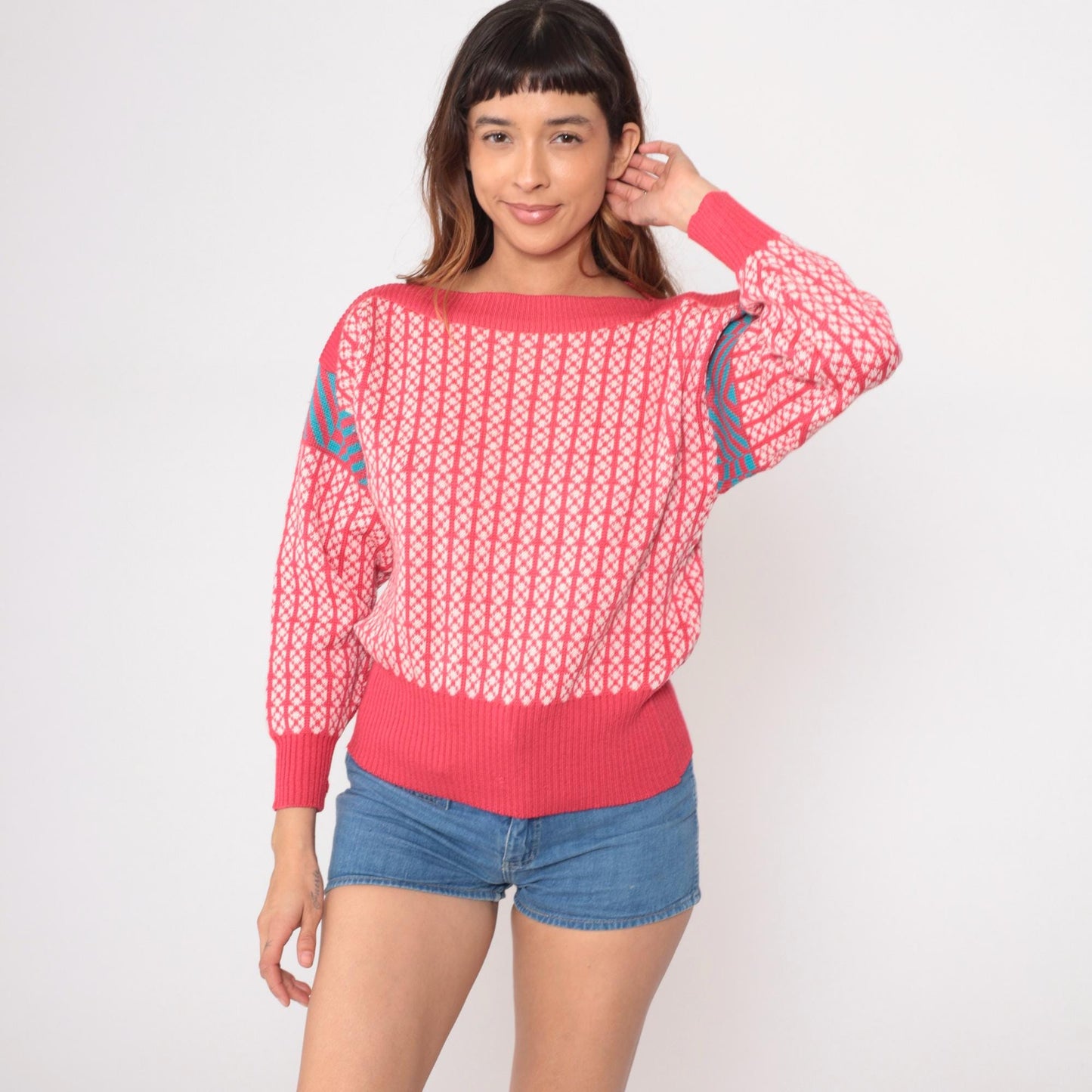 80s Demetre Wool Fair Isle Sweater Pink Geometric Boat Neck Medium M