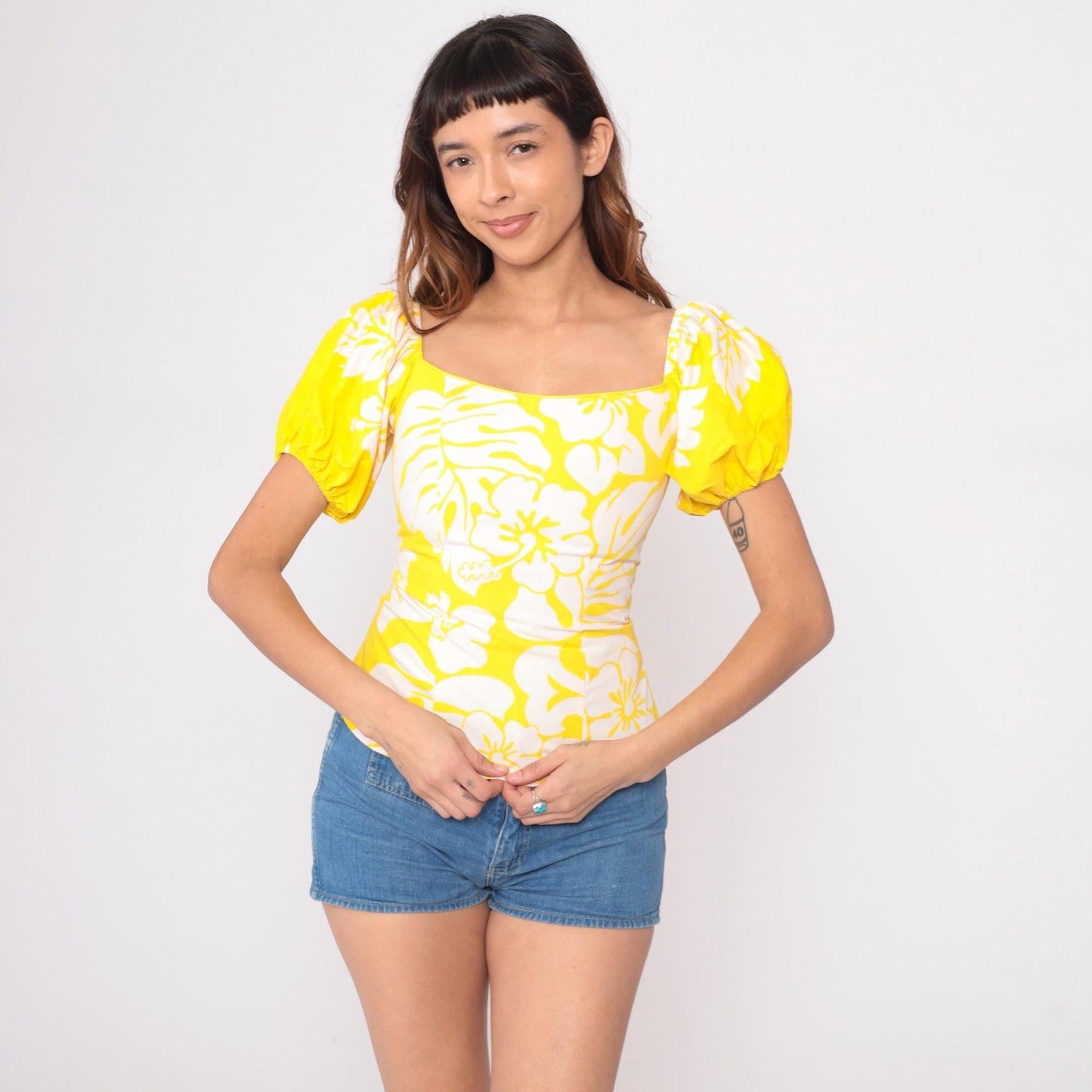 90s CC Fashions Yellow Floral Puff Sleeve Top Square Neckline Small S