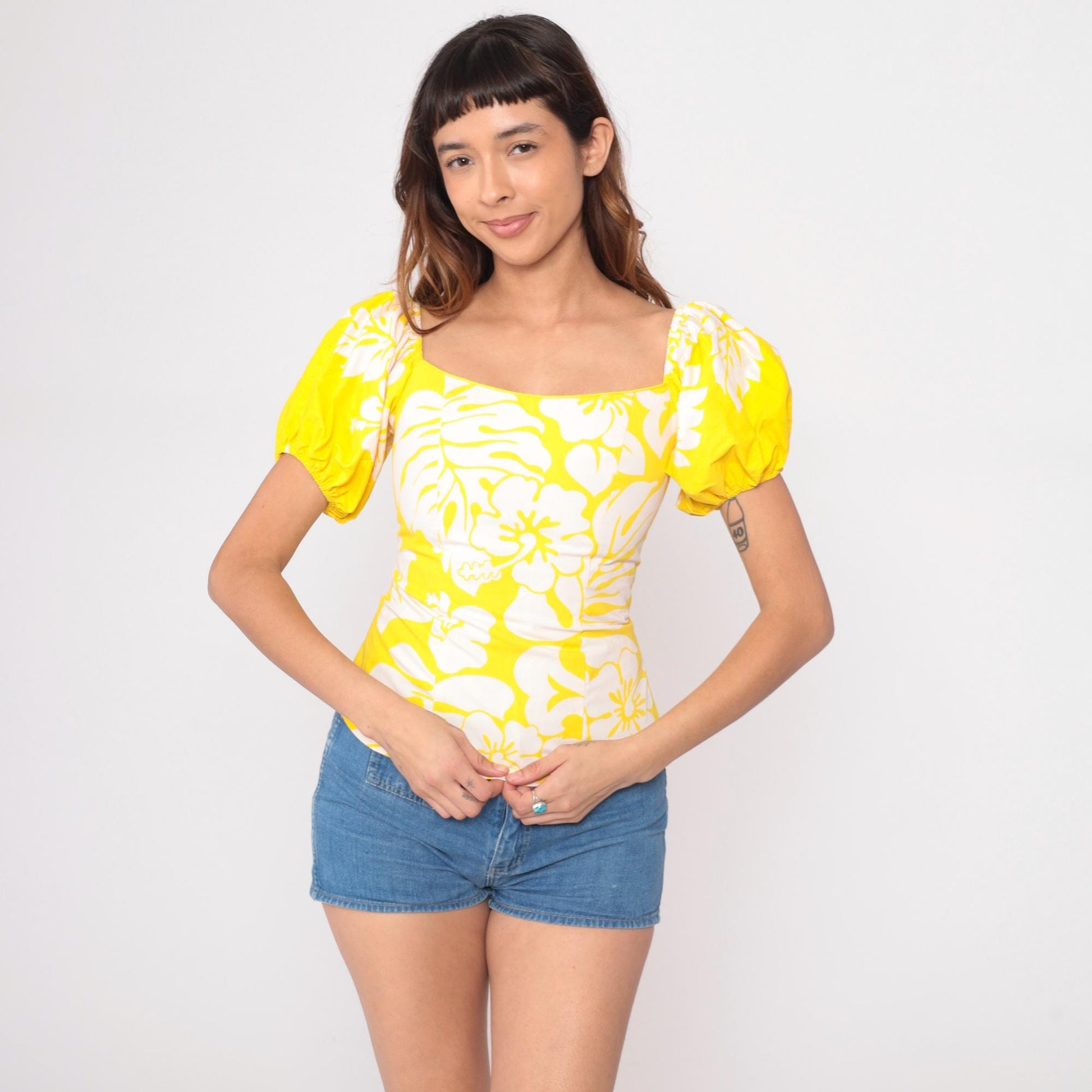 90s CC Fashions Yellow Floral Puff Sleeve Top Square Neckline Small S
