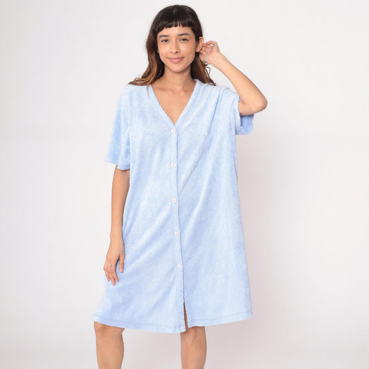 80s Goodnight Celestial Housedress Moon Stars Periwinkle Blue Knee Length Large