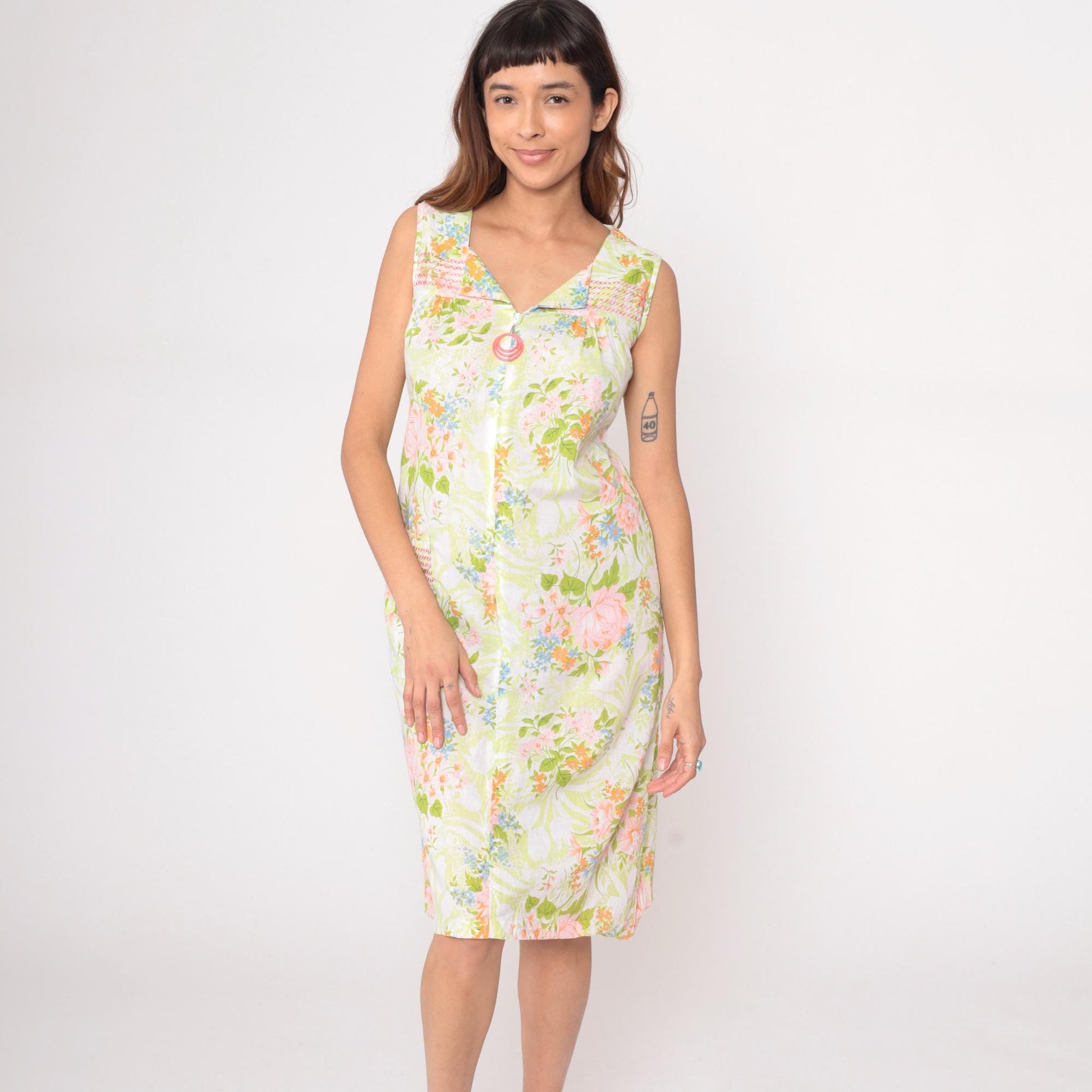 70s JC Penney Floral Maxi Dress Square Neck Smocked Yoke White Extra Small XS