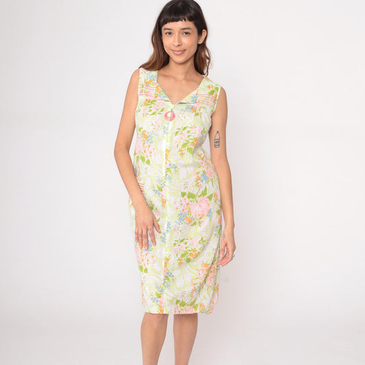 70s JC Penney Floral Maxi Dress Square Neck Smocked Yoke White Extra Small XS