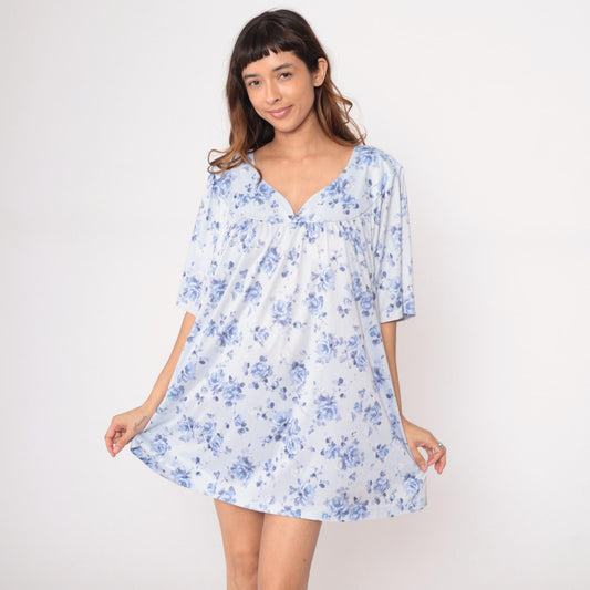 90s Blue Floral Nightgown White Peter Pan Collar Short Sleeve Plus Size XXL