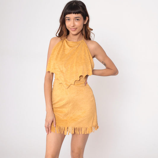 90s Coco Loco Yellow Halter Mini Dress Fringe Hem Medium M