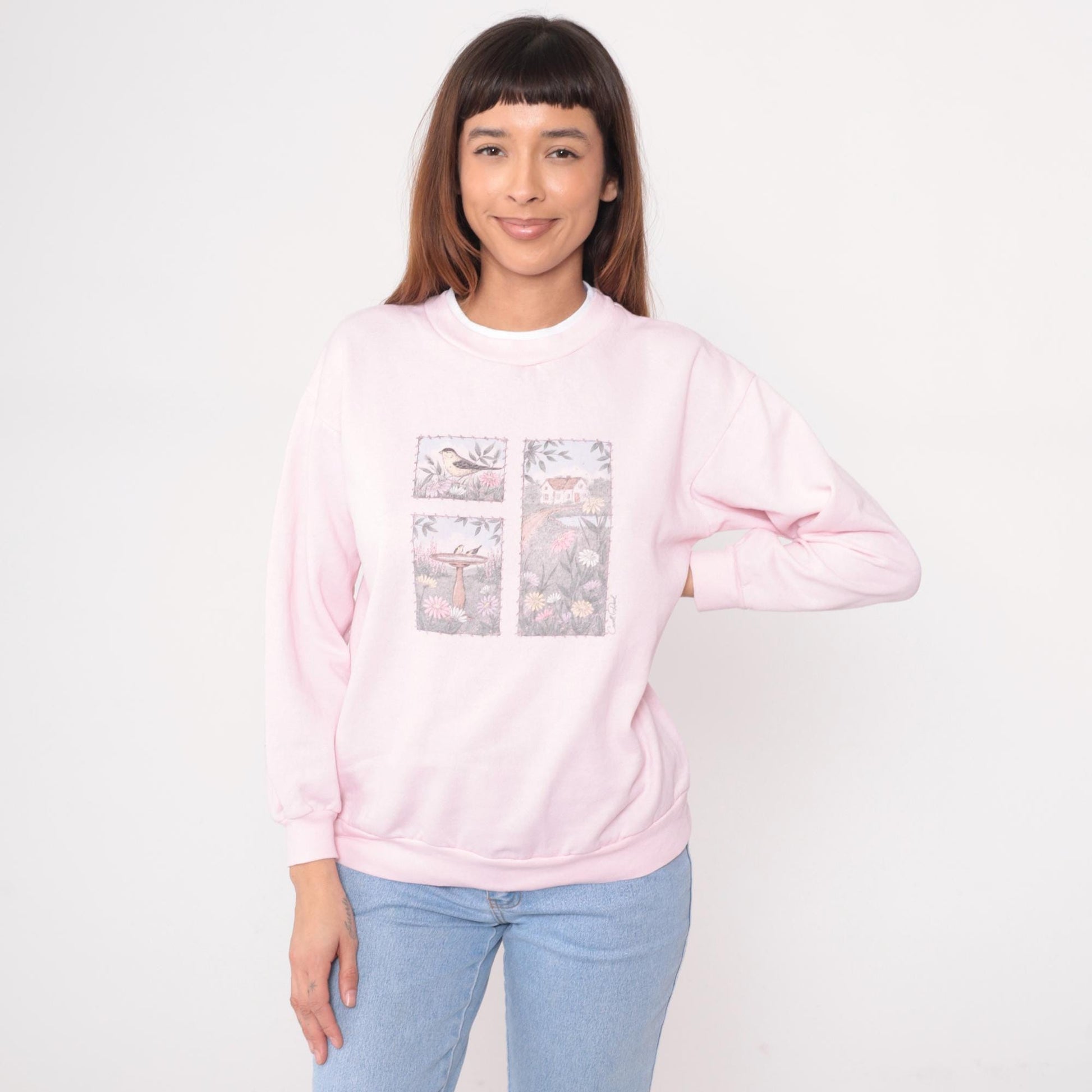 90s Caroll Reed Pink Sweatshirt Bird Garden Cottage Graphic Crew Medium M