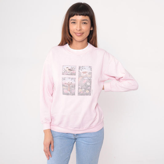 90s Caroll Reed Pink Sweatshirt Bird Garden Cottage Graphic Crew Medium M