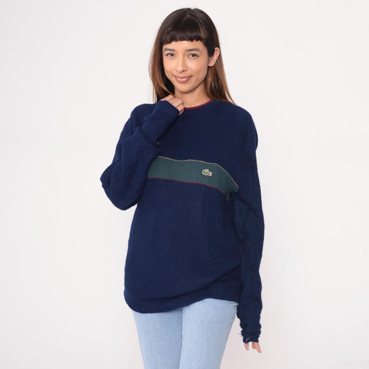 80s Izod Lacoste Navy Sweater Green Stripe Crocodile Crew Neck Large
