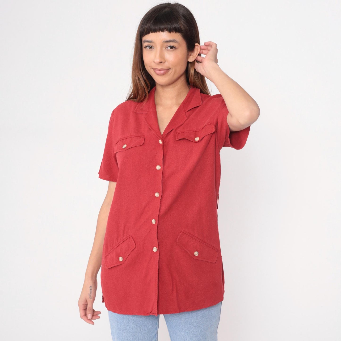Y2K Anna and Frank Silk Safari Shirt Red Camp Collar Button Front Small S